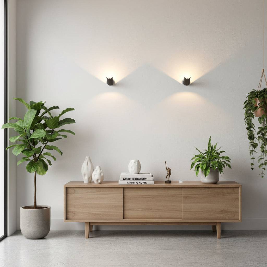 Black indoor wall uplighter on a grey wall with a side board and plants below the light