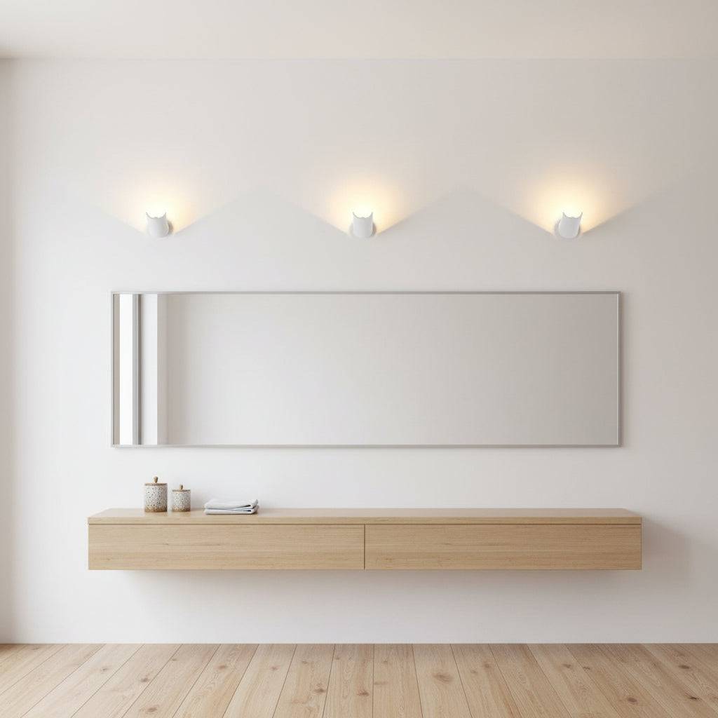 White wall uplighter indoor above a dressing table on  a grey wall in a modern home