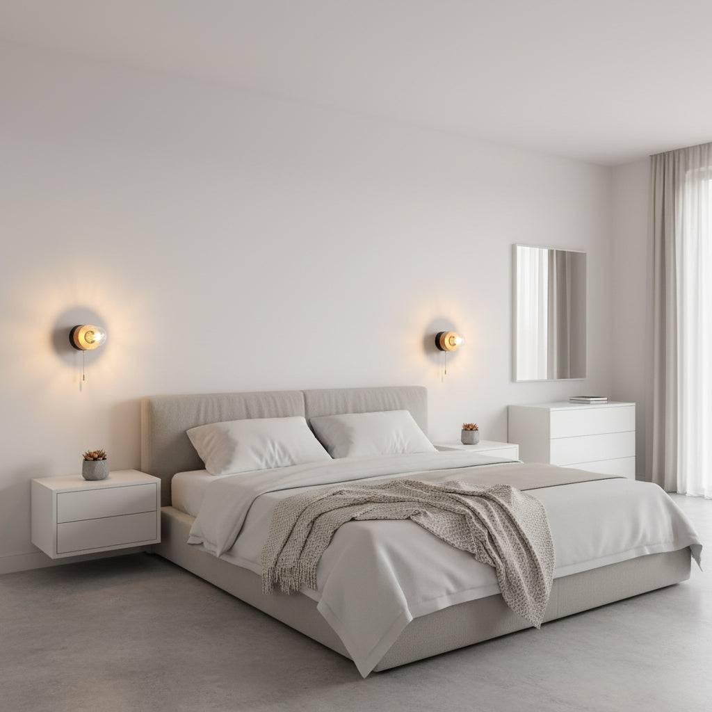 Black wall light indoor with pull cord either side of a bed on a plain wall in a modern home