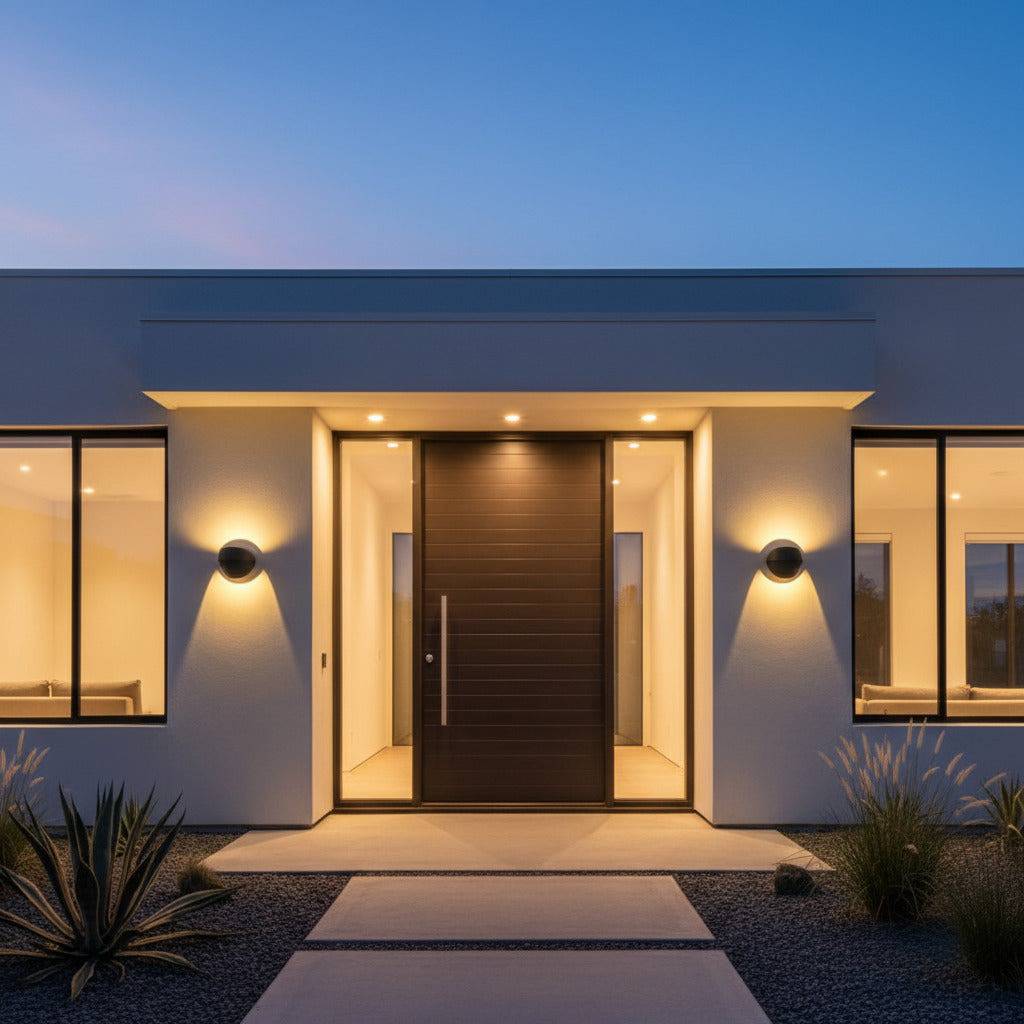 black modern outdoor wall lamp mounted either side of the front door of a modern home with a wooden door 