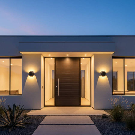 black modern outdoor wall lamp mounted either side of the front door of a modern home with a wooden door 