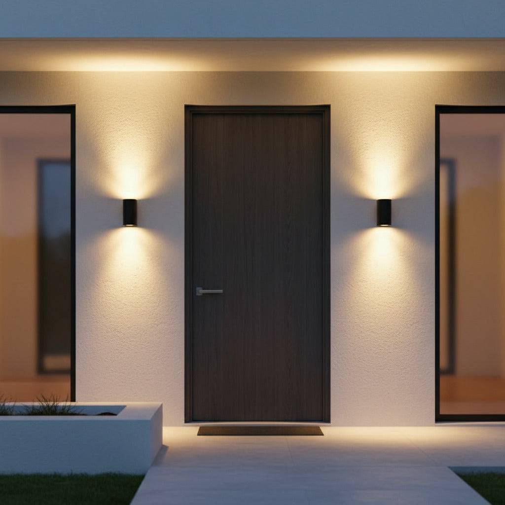 black outdoor up down light mounted either side of the front door on the wall of a modern home 