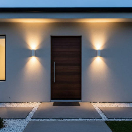 white up and down outside wall light mounted either side of the door on a modern home 