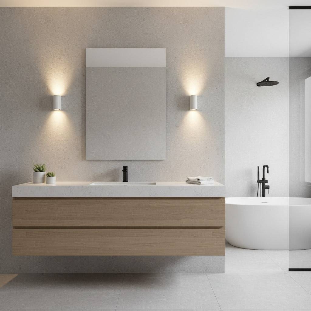 white contemporary sconce for bathroom mounted either side of a mirror in the bathroom 