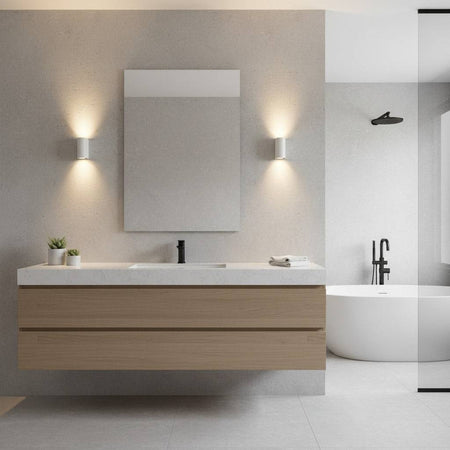 white contemporary sconce for bathroom mounted either side of a mirror in the bathroom 