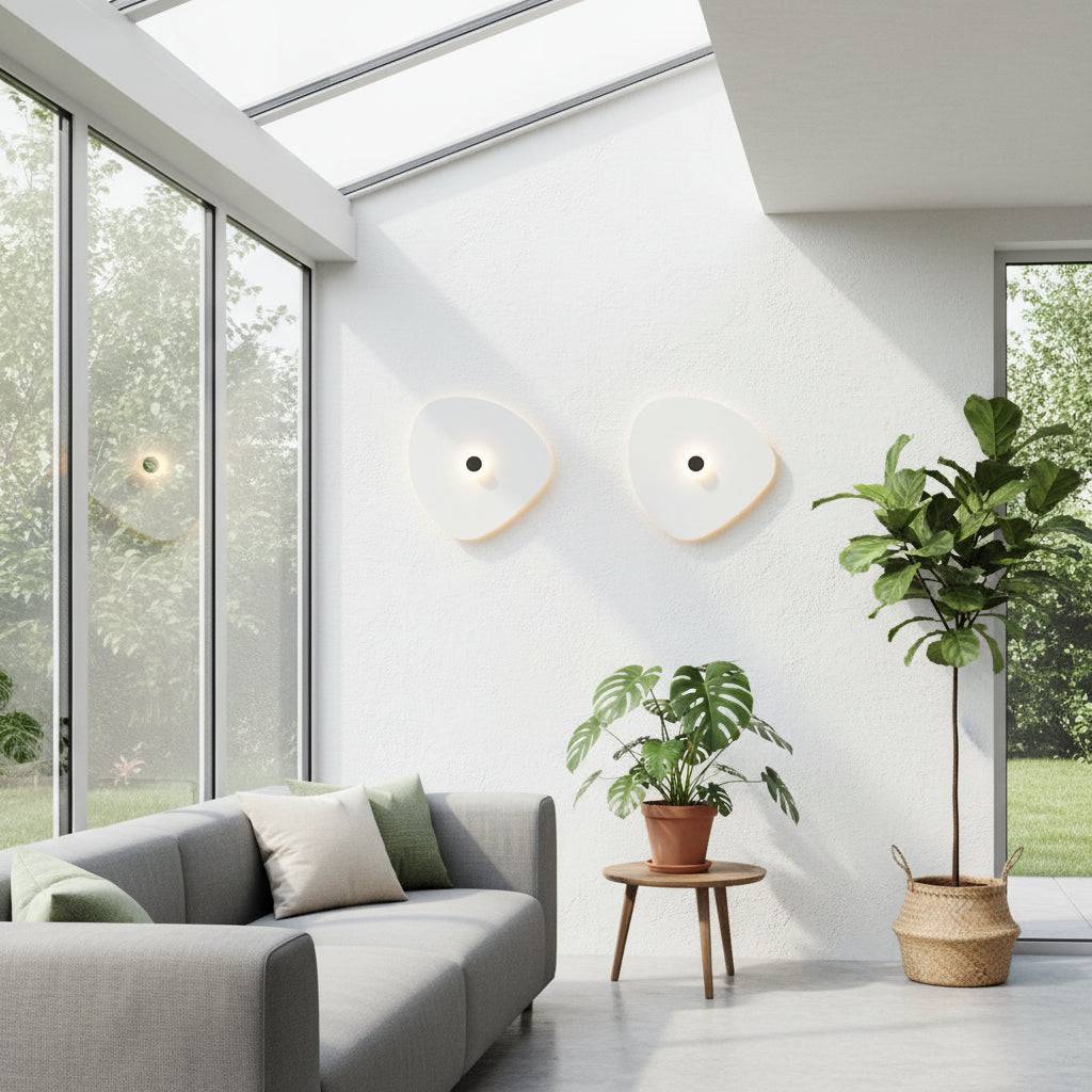 White indoor decorative wall sconce with a black centre where the light emits situated in a conservatory