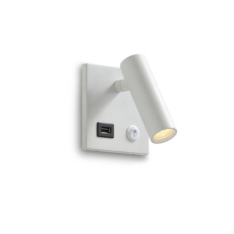white recessed bedside reading lamp with usb port shown on a white background