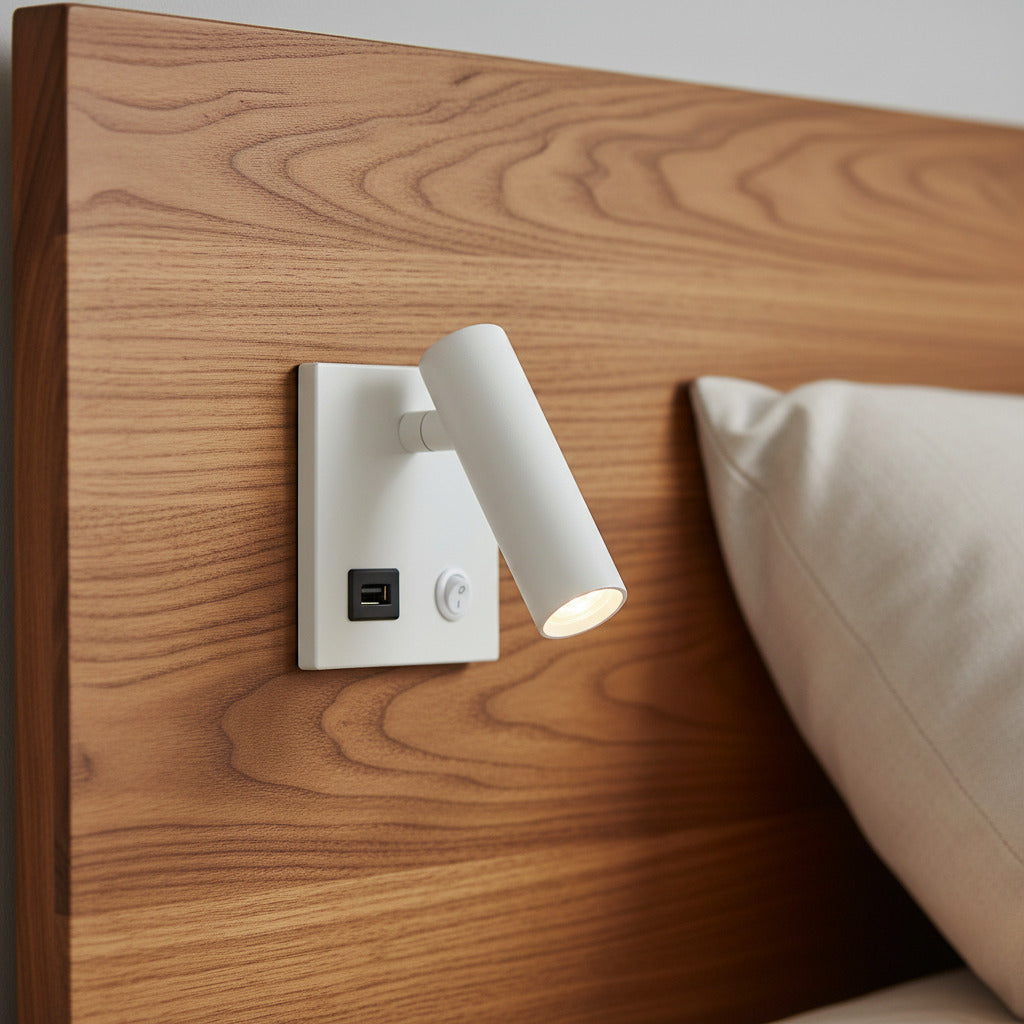 white recessed bedside reading lamp with USB port mounted in a wooden bed headboard