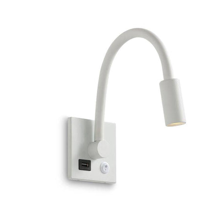 white recessed reading lamp with USB port shown on a white backround