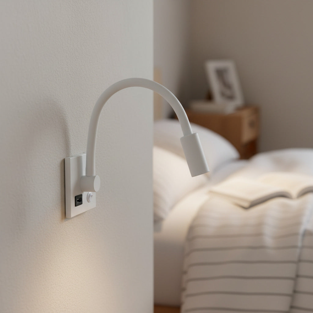 white recessed reading lamp with usb port mounted on the wall in a bedroom