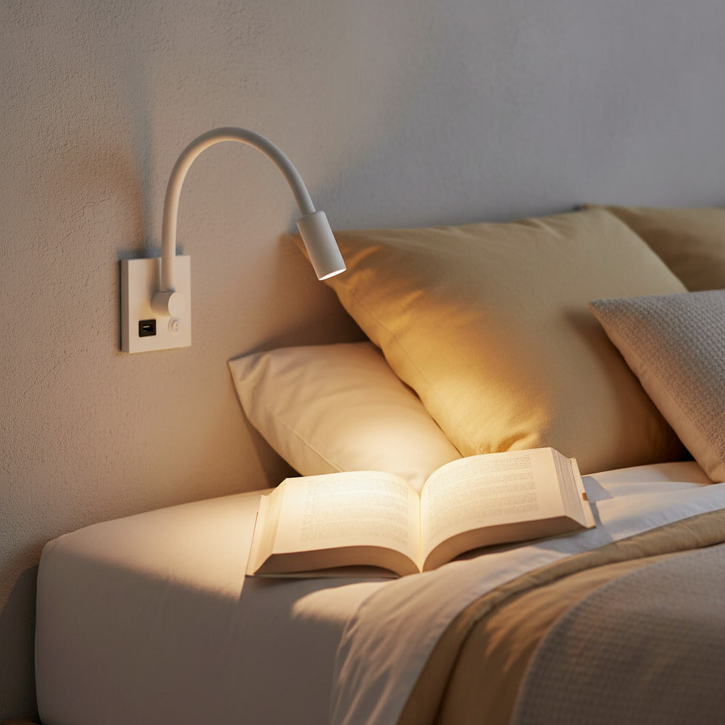 white reading lamp with USB port mounted over a bed