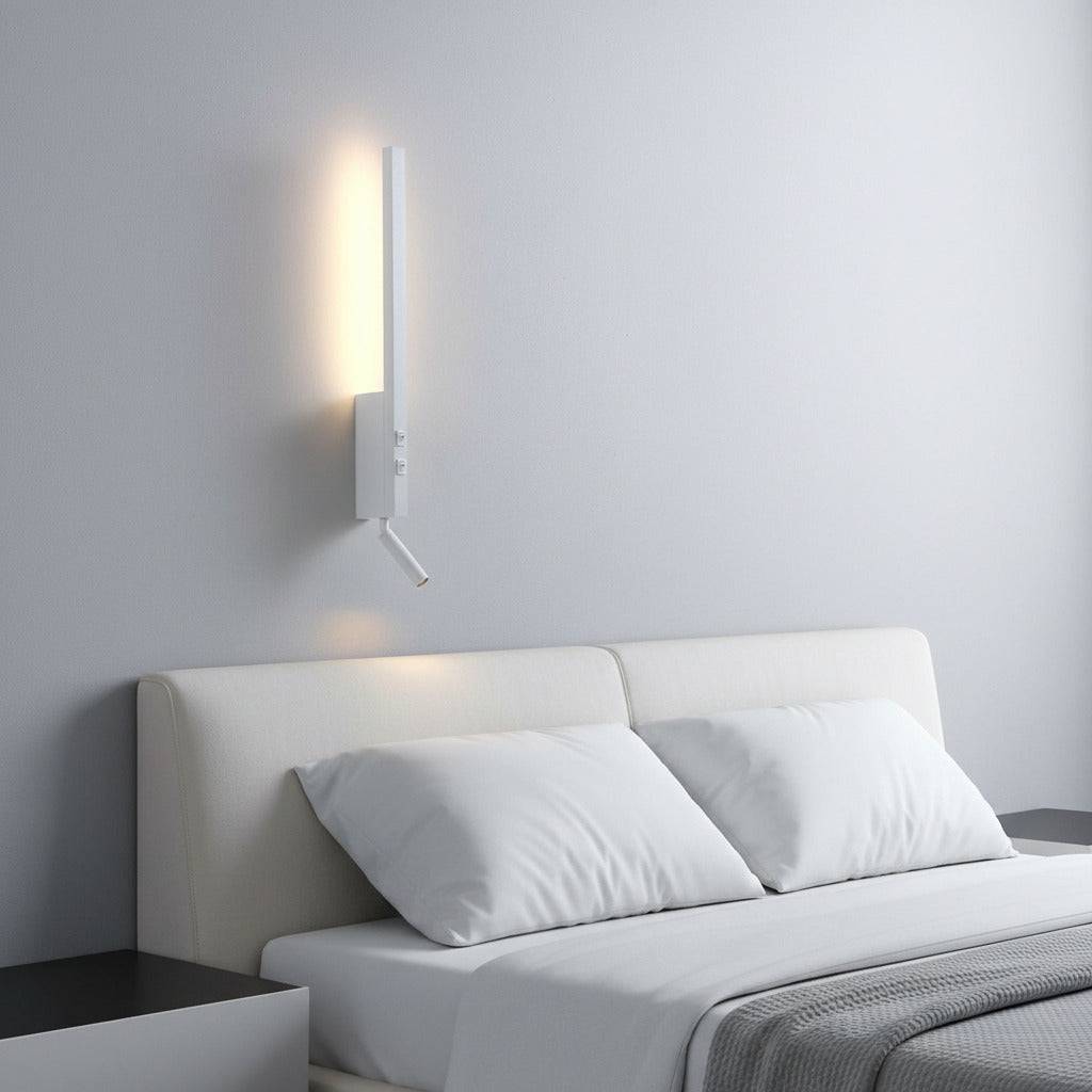 white reading wall light for bedroom installed on a white wall over a bed