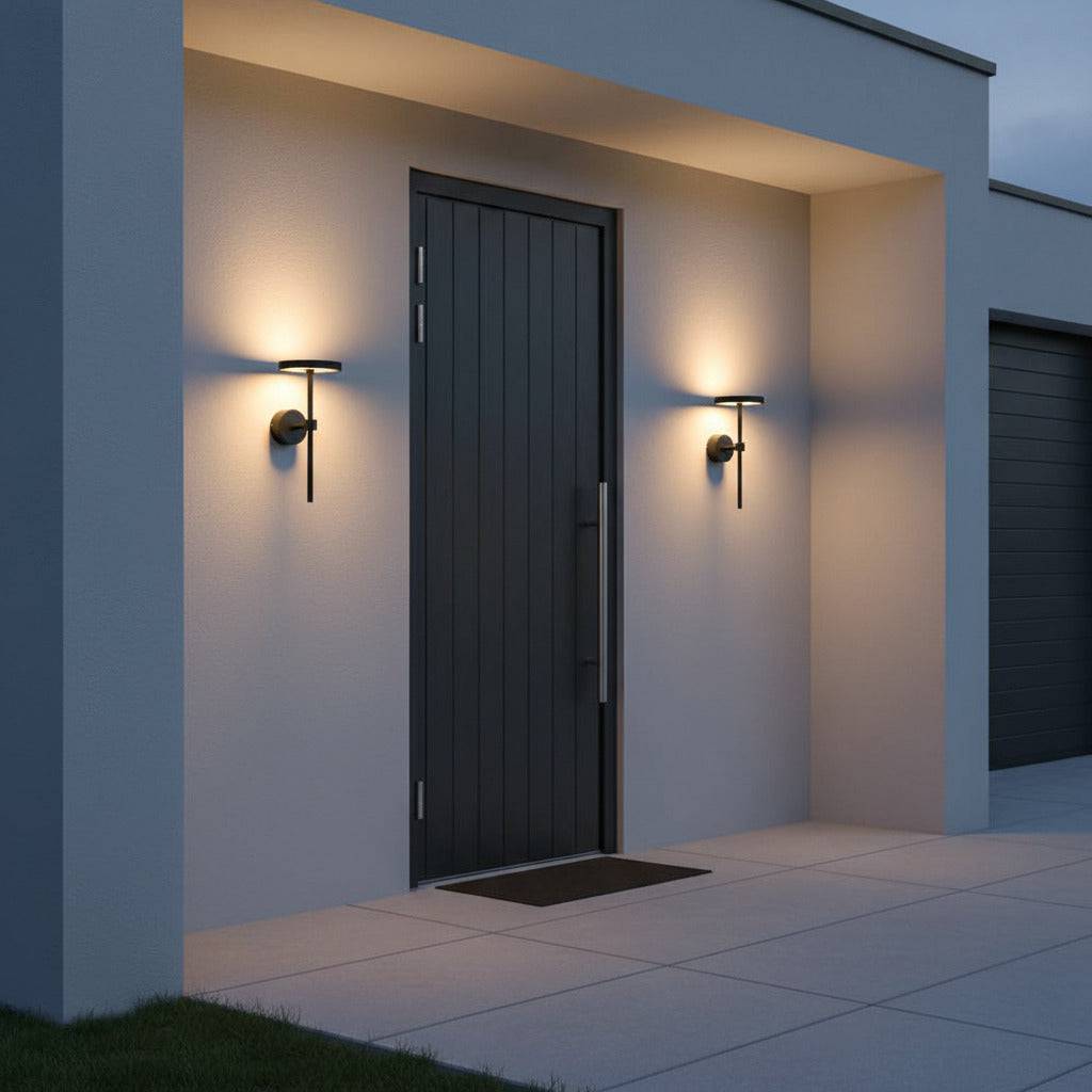 black contemporary external wall light showing a light mounted either side of a modern home entrance door 