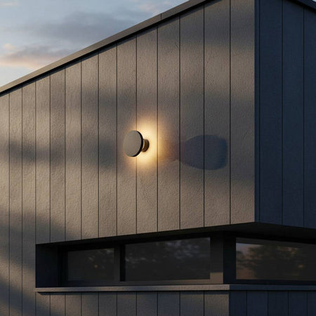 black exterior wall mount light fitted on dark wooden boards on a modern house 