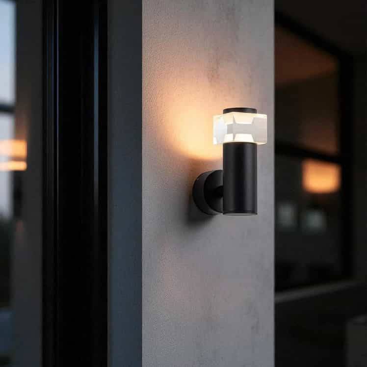 black outside wall sconce mounted on a textured concrete wall outside a modern house