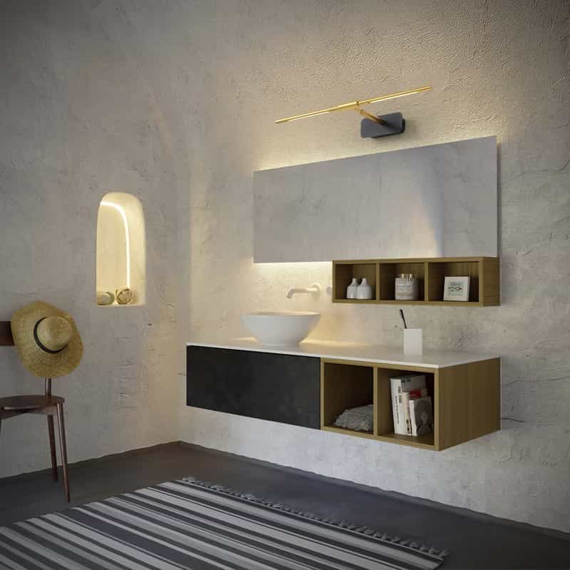 gold modern bathroom light over mirror mounted on the wall over a bathroom mirror 