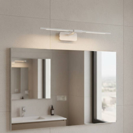 white over bathroom cabinet light closeup mounted on the wall in a bathroom above a mirror 