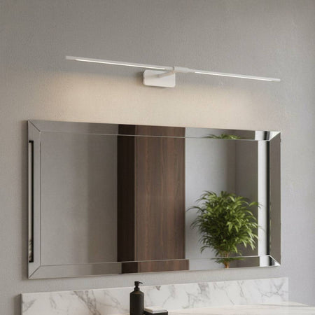 white bathroom light fixture over mirror in a modern bathroom
