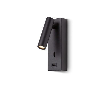 black wall mounted reading light with USB port shown on a white background