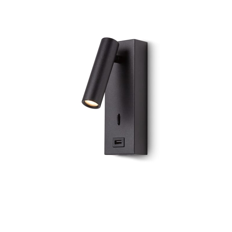 black wall mounted reading light with USB port shown on a white background
