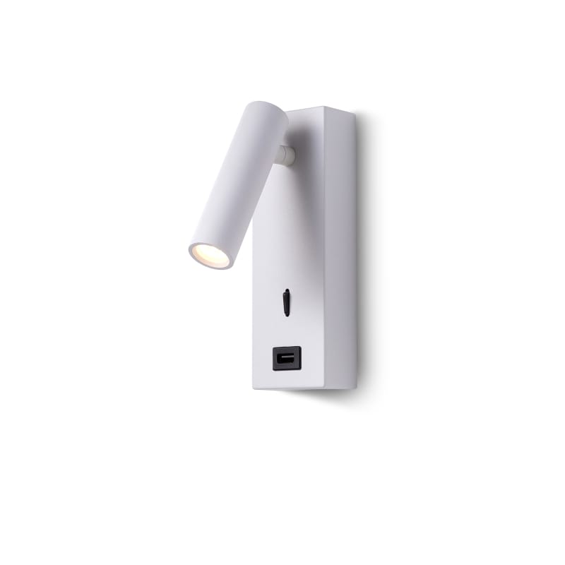 white wall mounted reading lamp with USB port on a white background