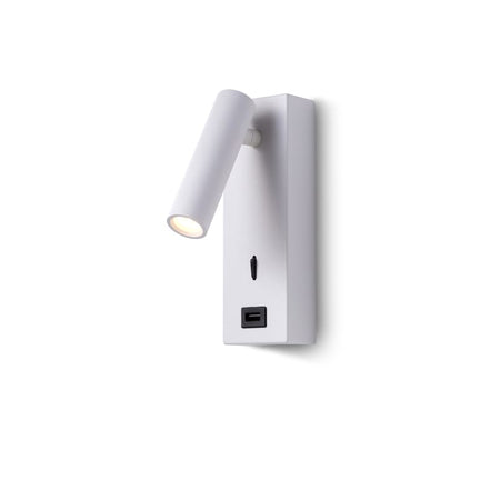 white wall mounted reading lamp with USB port on a white background