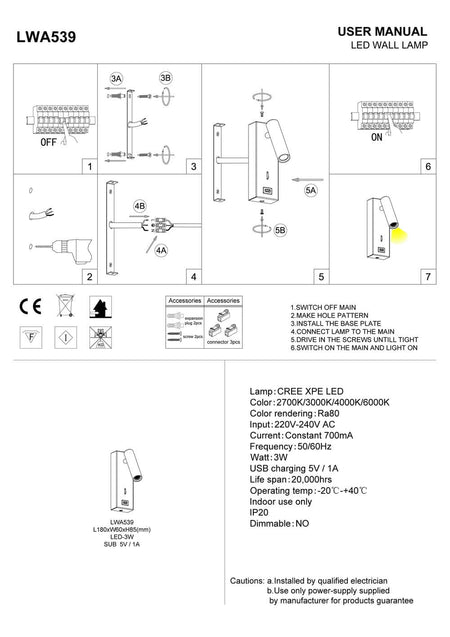 black wall mounted reading light with USB port installation guide