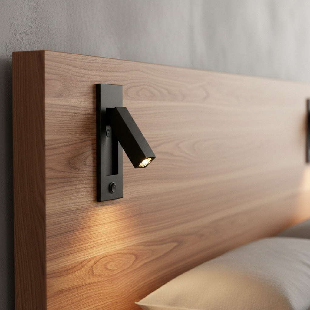 black adjustable recessed bedroom reading light mounted on a wooden headboard