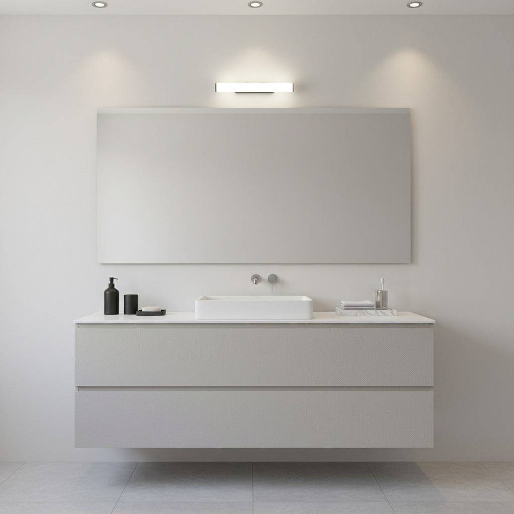 black LED bathroom mirror light mounted over a wide bathroom mirror 