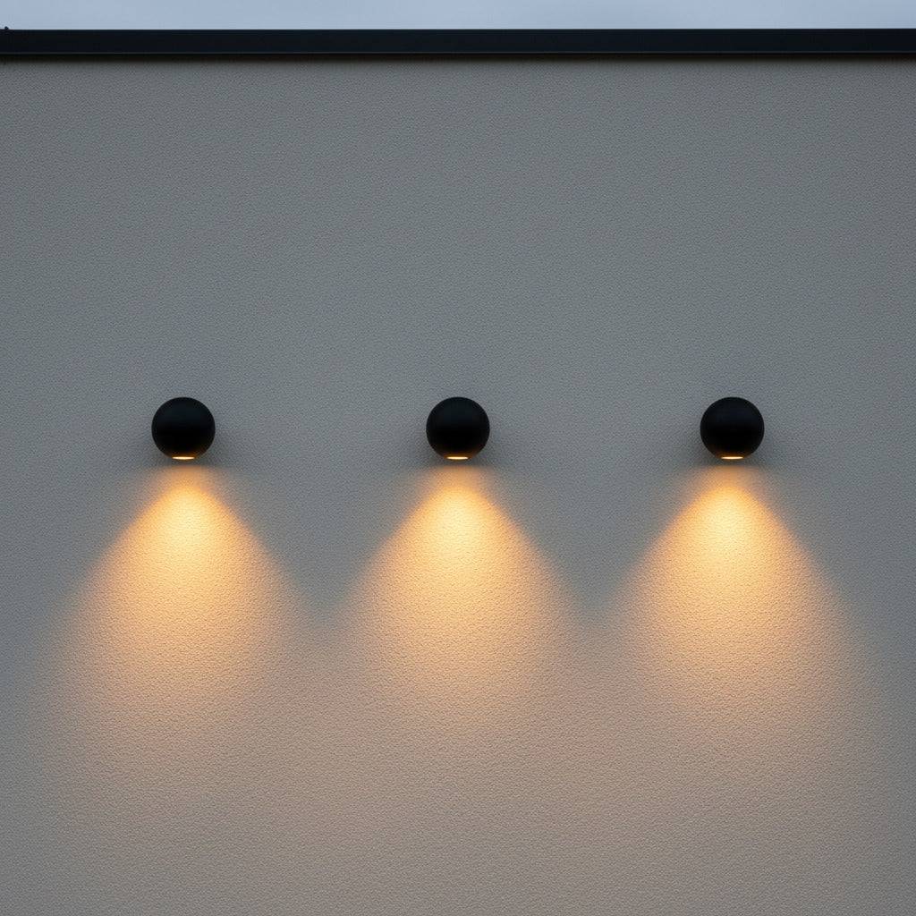 black outdoor downlight wall light image with 3 lights mounted in a row along a white wall 