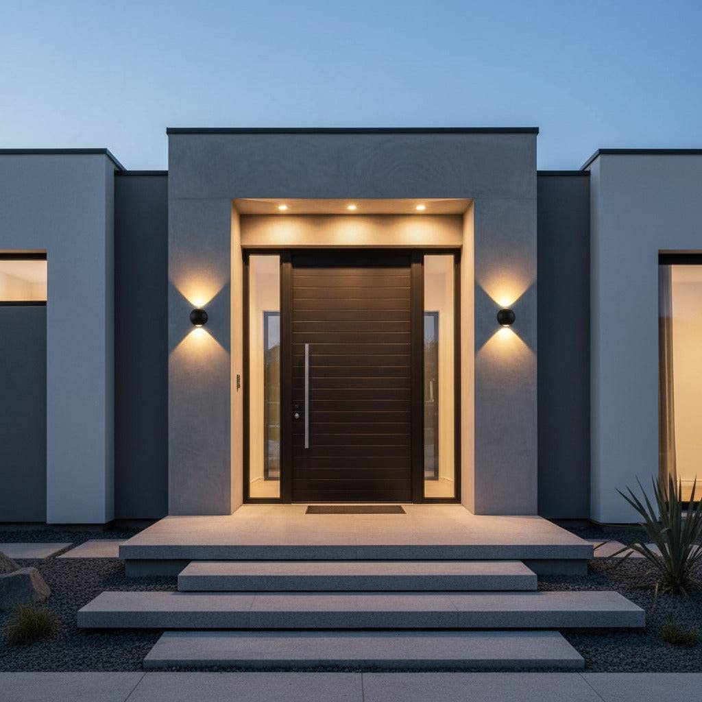 black up and down garden wall light mounted either side of the entrance door on a modern house 