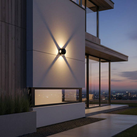 black outside wall light fixture mounted on the exterior concrete wall of an ultra modern home 
