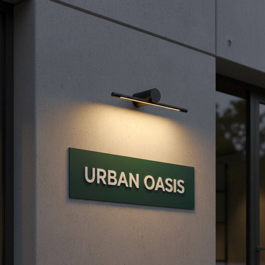 black sign wall light mounted on a concrete wall over the name plate sign for a company 