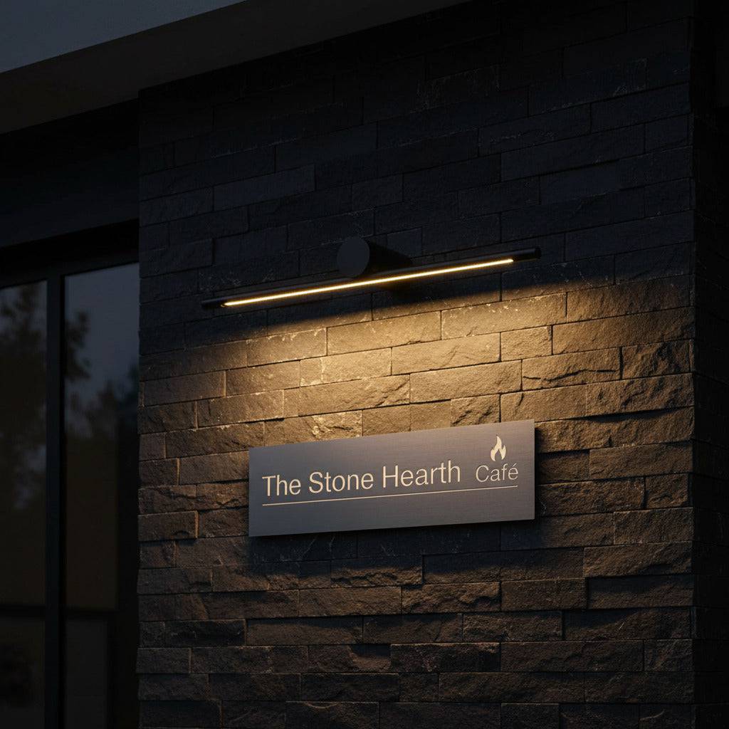 black over sign light mounted on a stone wall shining light down onto a business sign