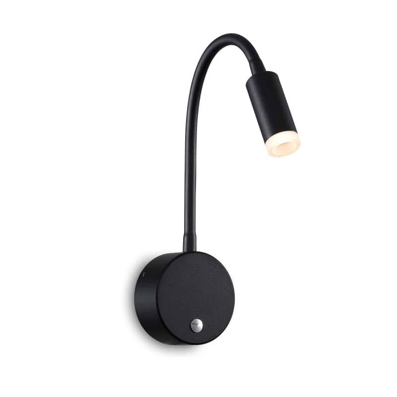 black dimmable reading light for bed shown on a white back ground