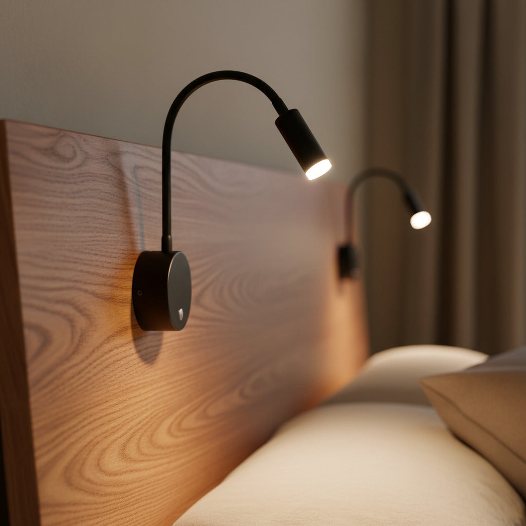 black dimmable reading light for bed mounted on a wooden headboard either side of a bed 