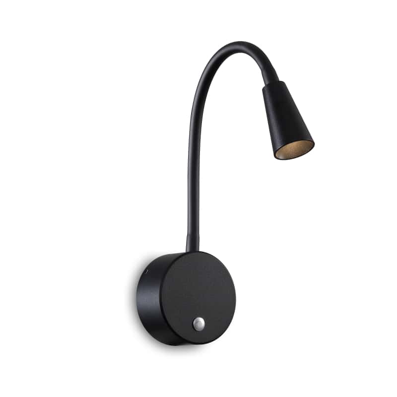 black dimmable bedside reading light on a white background