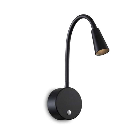 black dimmable bedside reading light on a white background
