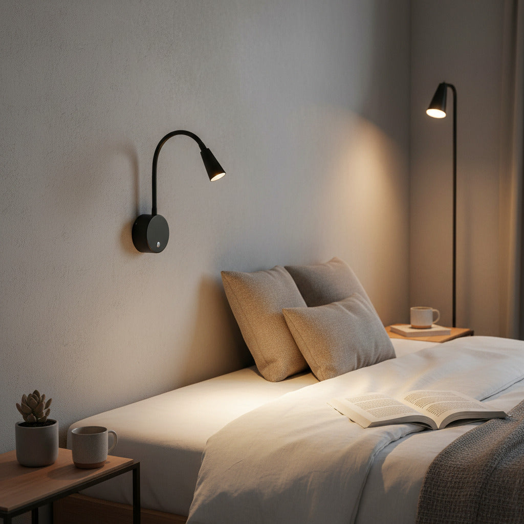 black dimmable bedside reading light mounted on a wall over a bed 