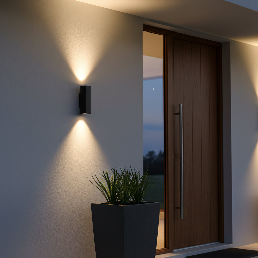 black 12 watt up and down exterior light mounted on the wall of a modern home outside
