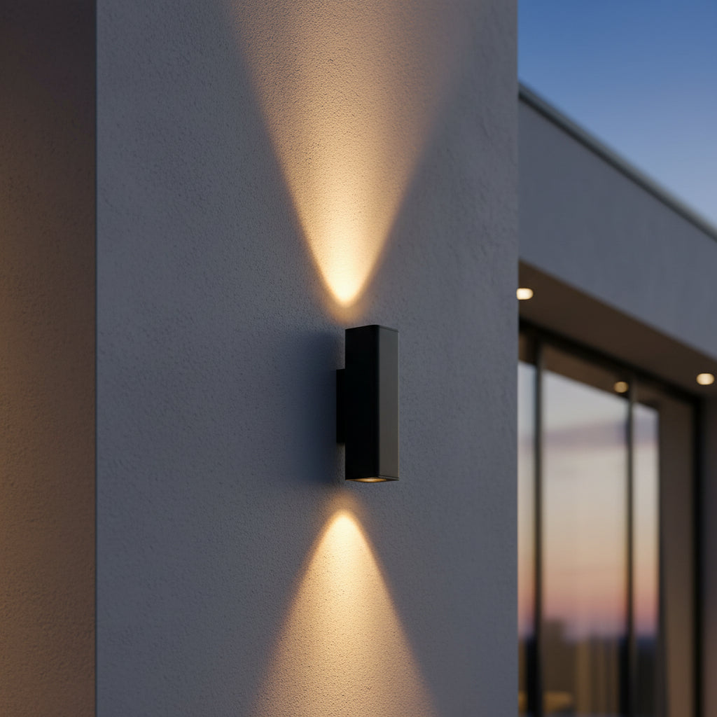 12 watt black up and down exterior light mounted on the outside of a house