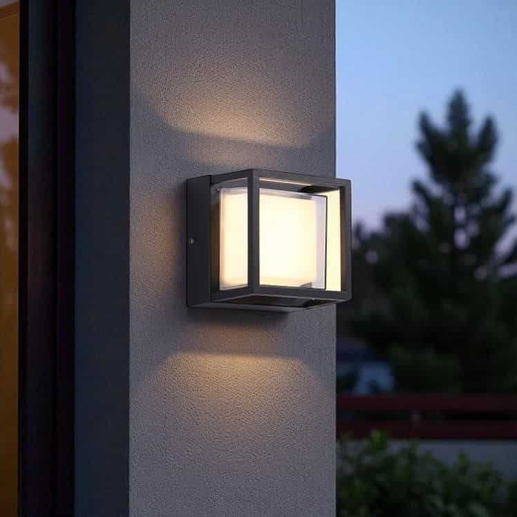 black square outside wall light mounted omn the outdoor wall of a modern home 
