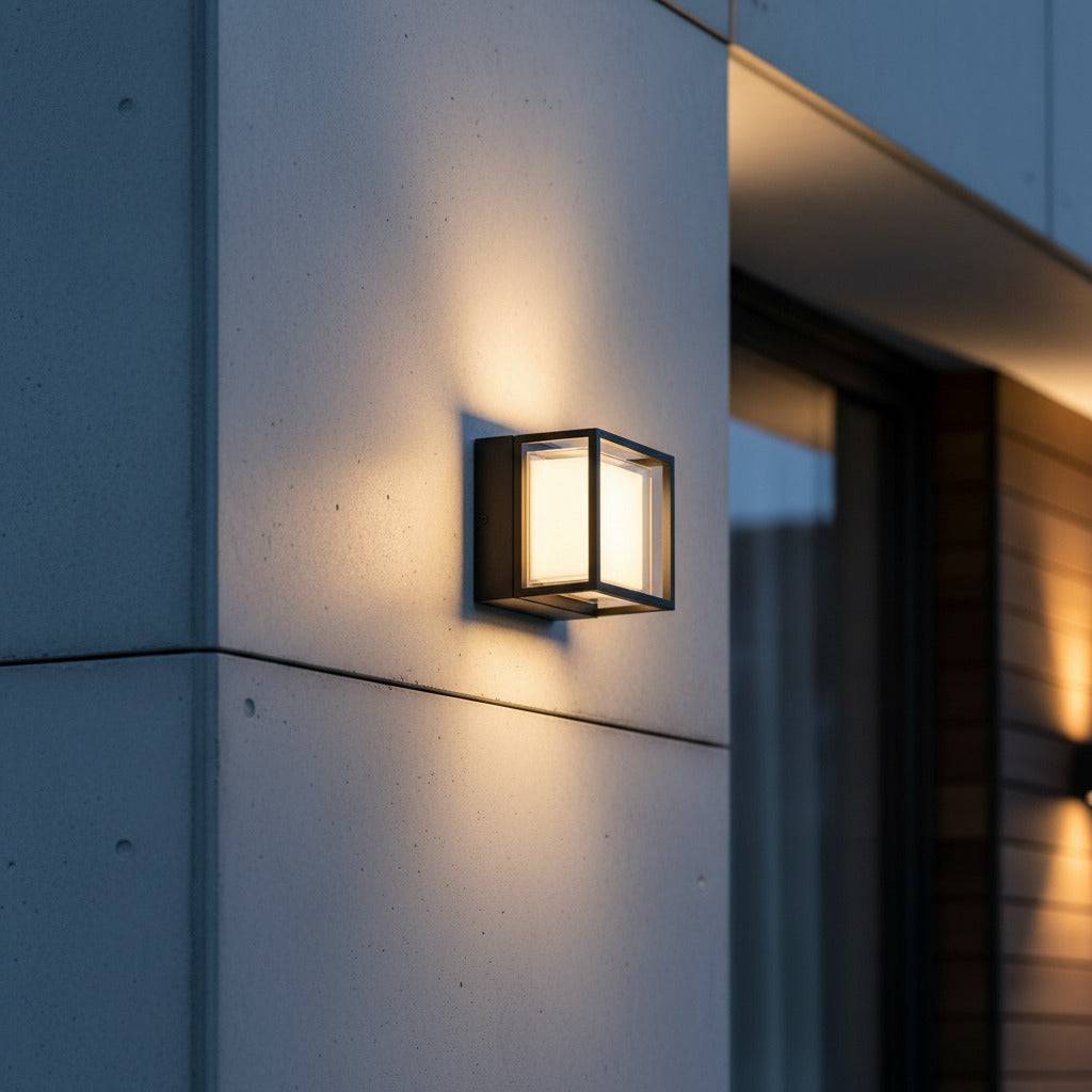 black square outside wall light mounted on the exterior concrete wall of a modern home 