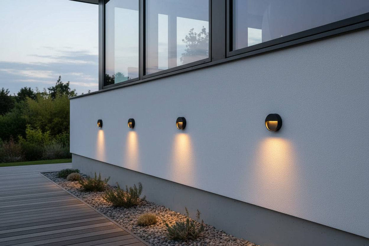 black external step light mounted in a row along the white exterior wall of a house
