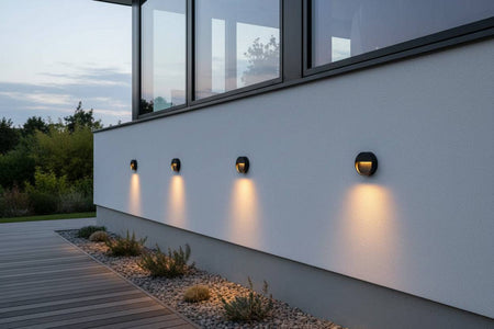 black external step light mounted in a row along the white exterior wall of a house