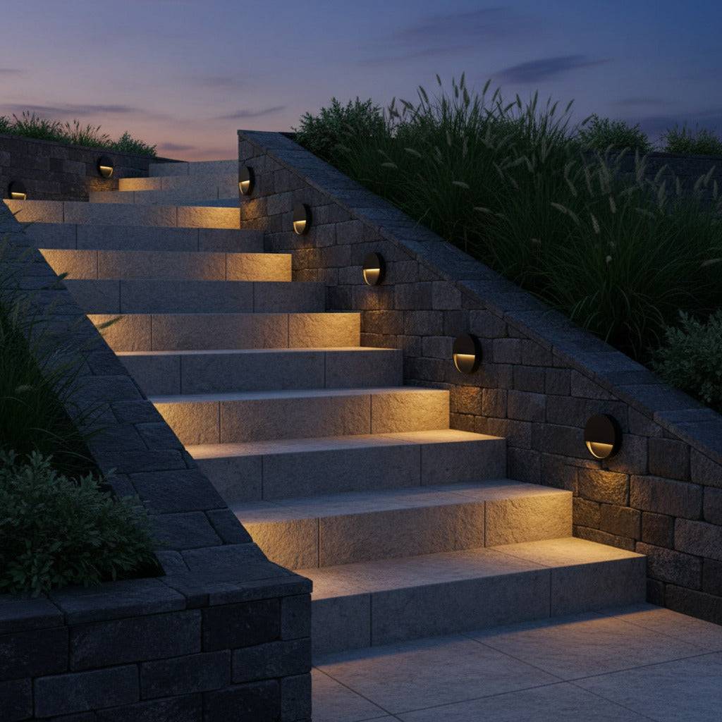 black flush mount wall sconce mounted on a stone wall next to some stone steps outside