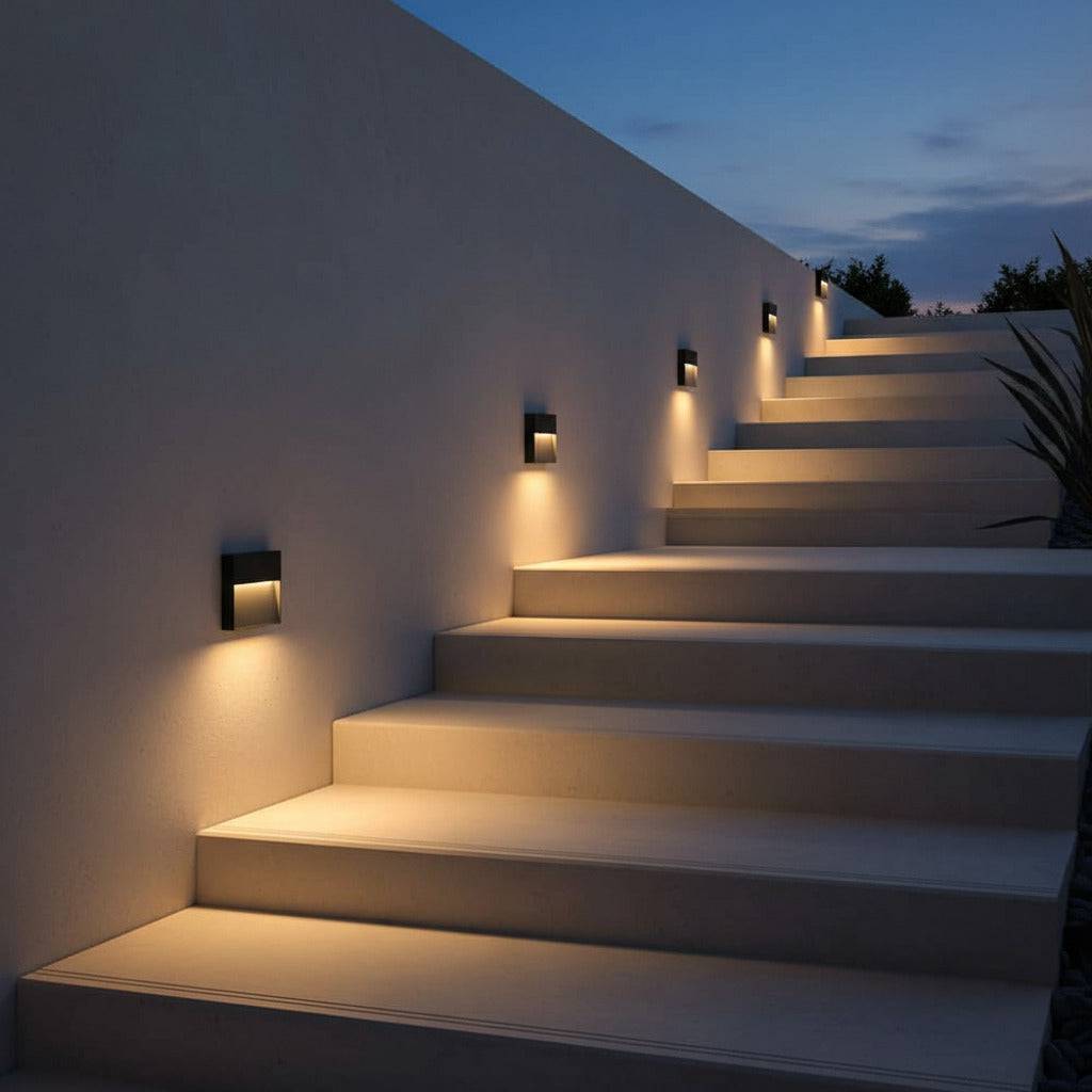 black LED stair light outdoor mounted on the wall alongside some large outdoor steps 