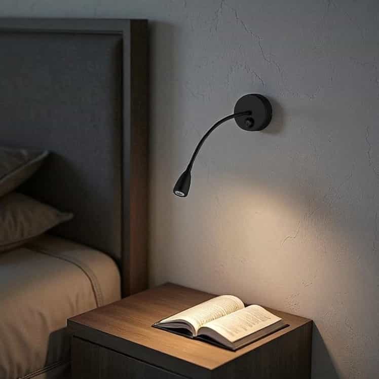 black gooseneck reading light installed next to the bed on the wall in a modern bedroom