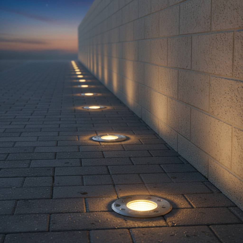 silver exterior ground light mounted in a line along an outside wall 