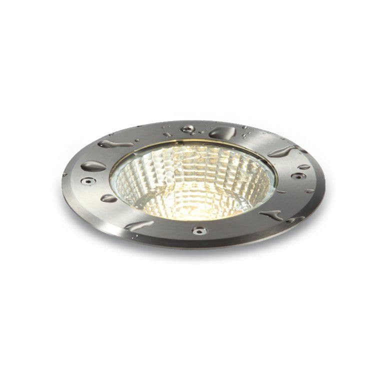 stainless steel recessed floor light on a white background